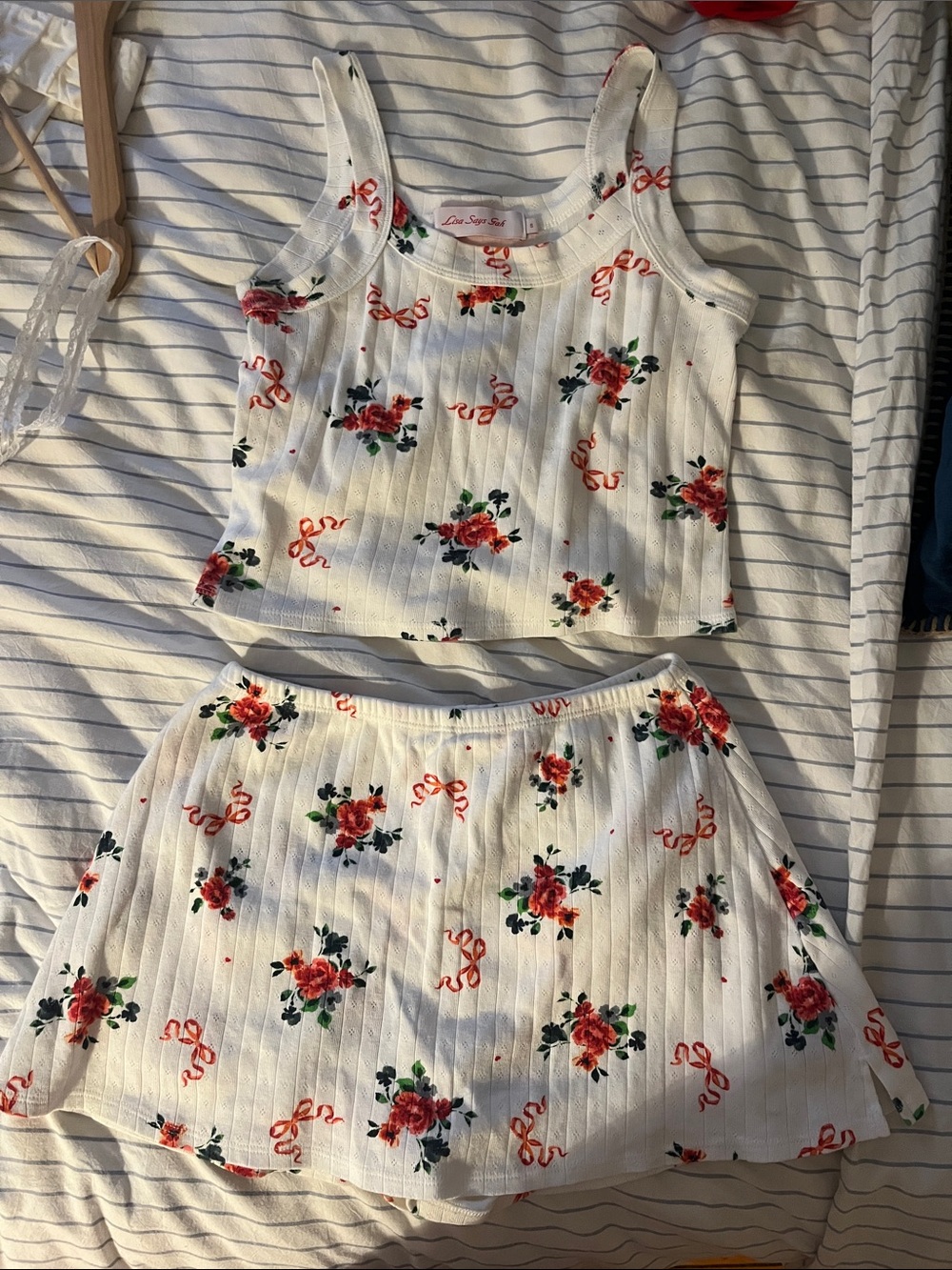 Lisa Says Gah White Floral Mini Dress (skort) Set with Red Roses